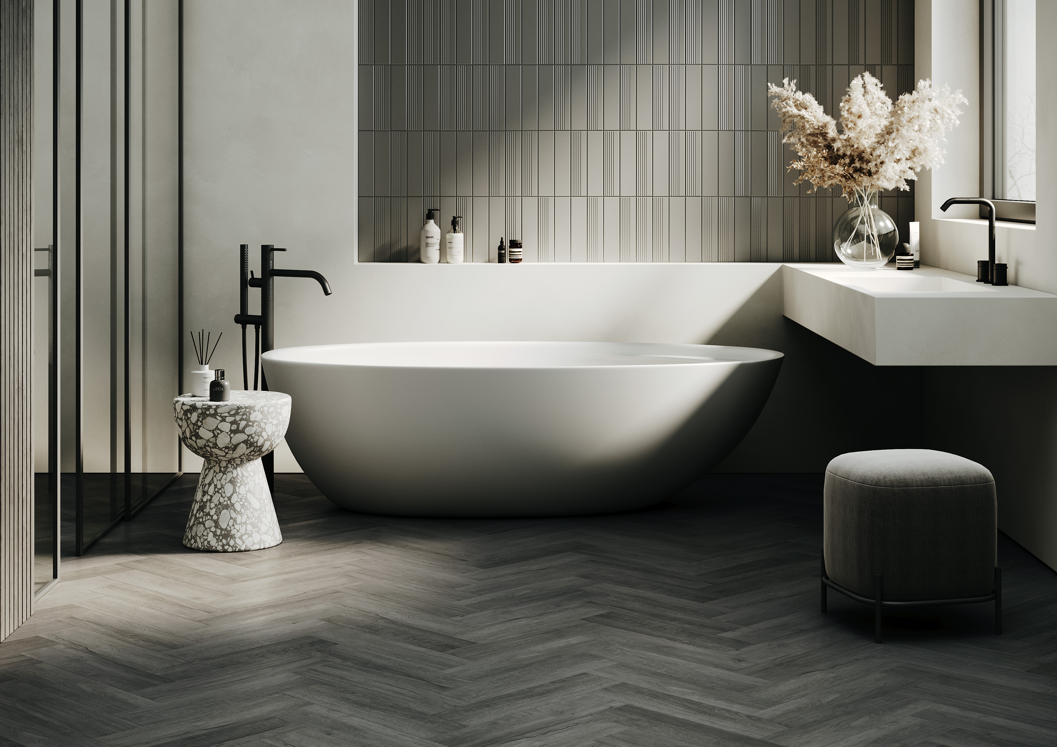 Кварцвиниловый SPC ламинат Home Expert Parquet Design Дуб Меланж 44-5001-5 венгерская елка 400×100×4,5 фото в интерьере
